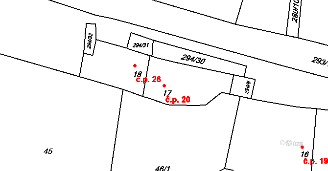 Hvozdečko 20, Bouzov na parcele st. 17 v KÚ Hvozdečko, Katastrální mapa