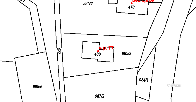 Čistá u Horek 77 na parcele st. 486 v KÚ Čistá u Horek, Katastrální mapa