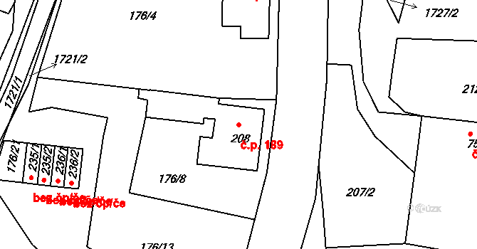Lodhéřov 189 na parcele st. 208 v KÚ Lodhéřov, Katastrální mapa