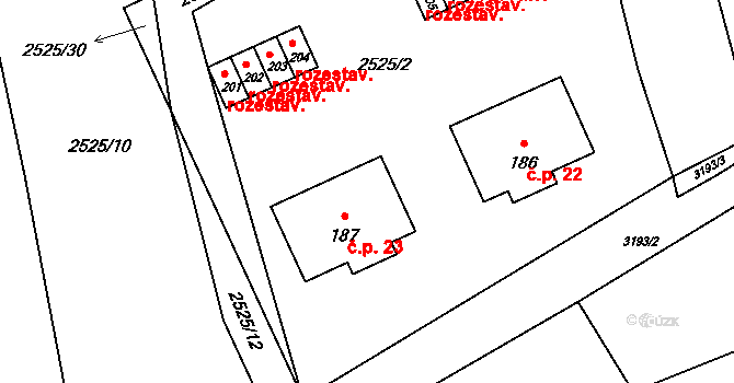 Mokrý Lom 23 na parcele st. 187 v KÚ Mokrý Lom, Katastrální mapa