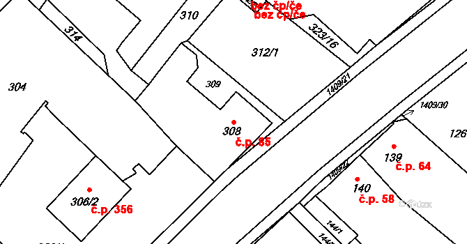 Pudlov 85, Bohumín na parcele st. 308 v KÚ Pudlov, Katastrální mapa