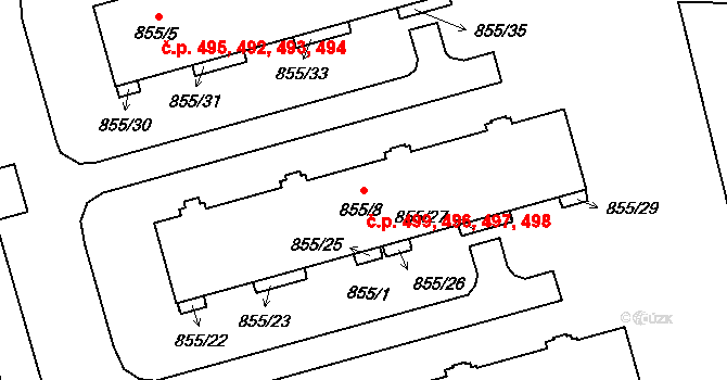 Jarošov 496,497,498,499, Uherské Hradiště na parcele st. 855/8 v KÚ Jarošov u Uherského Hradiště, Katastrální mapa