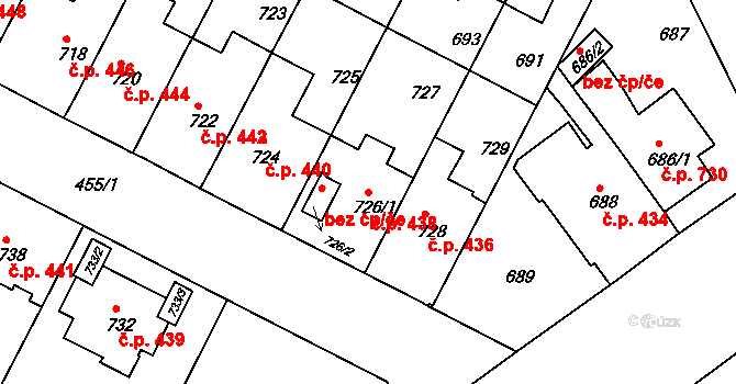 Černá Pole 438, Brno na parcele st. 726/1 v KÚ Černá Pole, Katastrální mapa