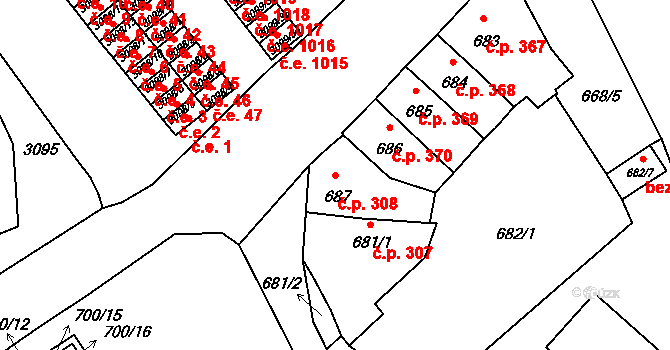 Pelhřimov 308 na parcele st. 687 v KÚ Pelhřimov, Katastrální mapa