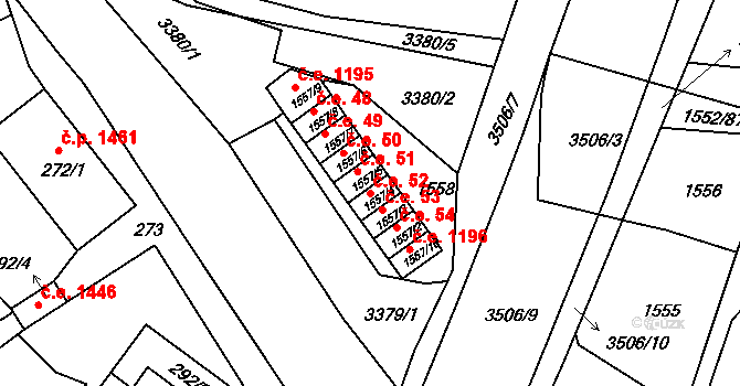 Pelhřimov 52 na parcele st. 1557/4 v KÚ Pelhřimov, Katastrální mapa