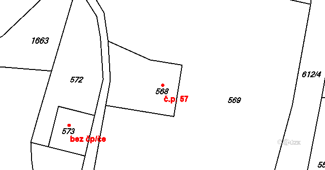 Chlebovice 57, Frýdek-Místek na parcele st. 568 v KÚ Chlebovice, Katastrální mapa