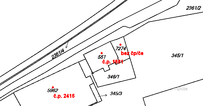 Cheb 1681 na parcele st. 551 v KÚ Cheb, Katastrální mapa