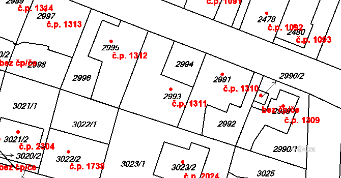 Horní Počernice 1311, Praha na parcele st. 2993 v KÚ Horní Počernice, Katastrální mapa