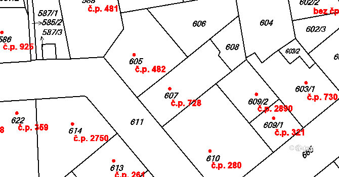 Žižkov 728, Praha na parcele st. 607 v KÚ Žižkov, Katastrální mapa