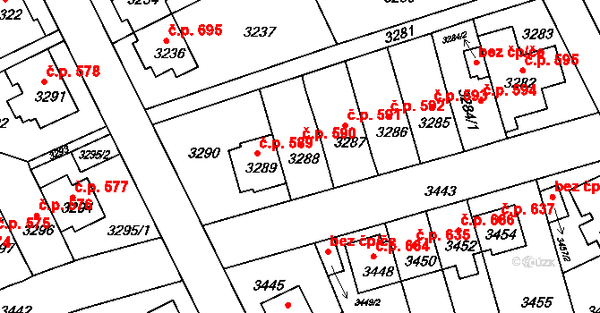 Záběhlice 590, Praha na parcele st. 3288 v KÚ Záběhlice, Katastrální mapa