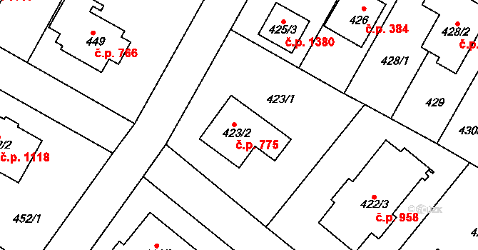 Kunratice 775, Praha na parcele st. 423/2 v KÚ Kunratice, Katastrální mapa