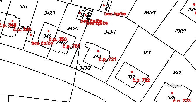 Ruzyně 721, Praha na parcele st. 342 v KÚ Ruzyně, Katastrální mapa