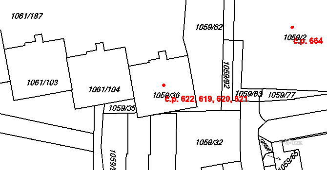 Liboc 619,620,621,622, Praha na parcele st. 1059/36 v KÚ Liboc, Katastrální mapa