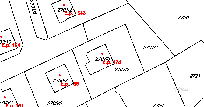 Rumburk 1 174, Rumburk na parcele st. 2707/3 v KÚ Rumburk, Katastrální mapa