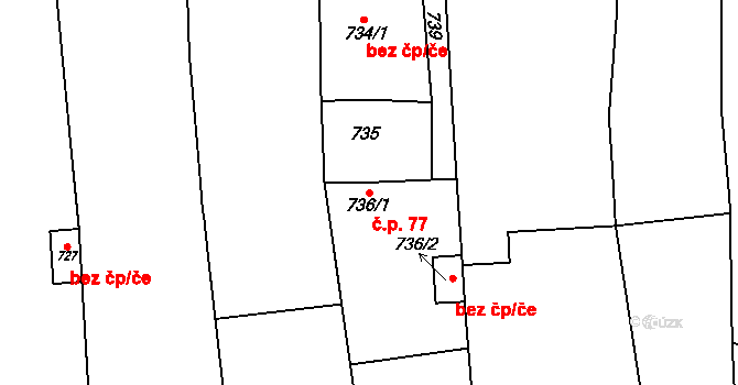 Tvarožná 77 na parcele st. 736/1 v KÚ Tvarožná, Katastrální mapa