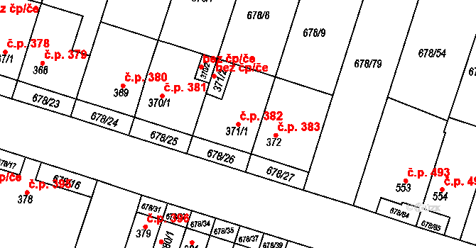 Rosice 382 na parcele st. 371/1 v KÚ Rosice u Brna, Katastrální mapa