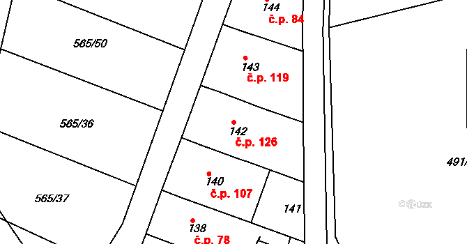 Kanice 126 na parcele st. 142 v KÚ Kanice, Katastrální mapa