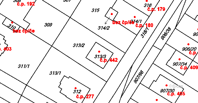 Křimice 442, Plzeň na parcele st. 313/3 v KÚ Křimice, Katastrální mapa