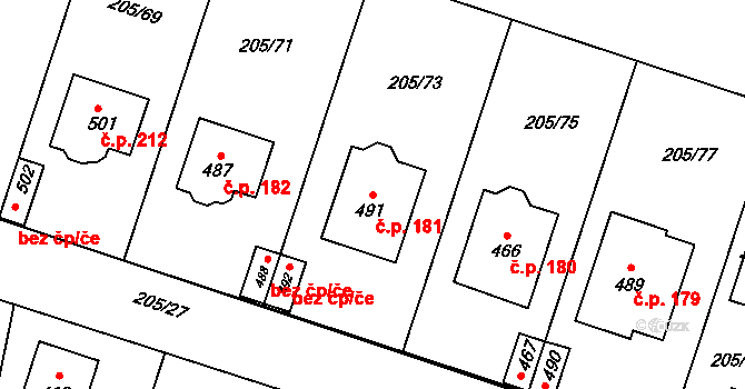 Roudnička 181, Hradec Králové na parcele st. 491 v KÚ Roudnička, Katastrální mapa