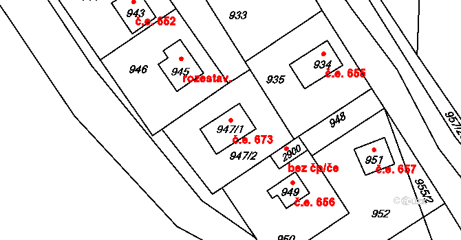 Káraný 673 na parcele st. 947/1 v KÚ Káraný, Katastrální mapa