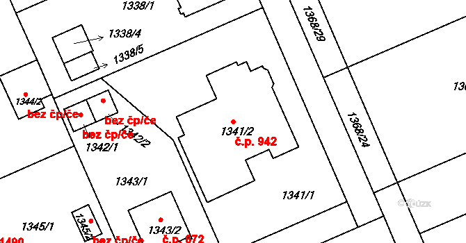 Černice 942, Plzeň na parcele st. 1341/2 v KÚ Bručná, Katastrální mapa