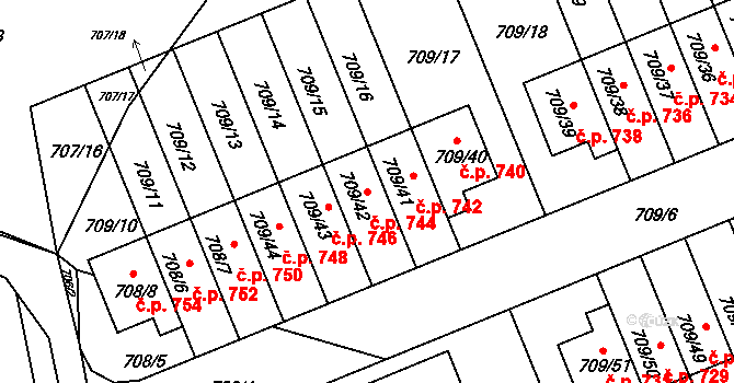 Poříčí 744, Boršov nad Vltavou na parcele st. 709/42 v KÚ Boršov nad Vltavou, Katastrální mapa