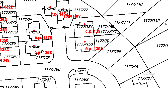 Stodůlky 1398, Praha na parcele st. 1177/153 v KÚ Stodůlky, Katastrální mapa