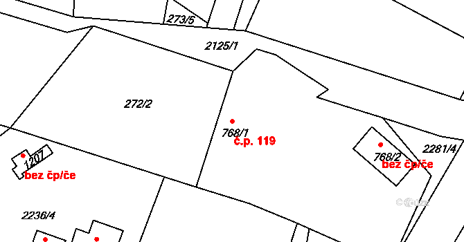 Pecínov 119, Nové Strašecí na parcele st. 768/1 v KÚ Nové Strašecí, Katastrální mapa