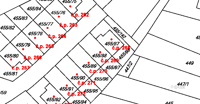 Roudné 269 na parcele st. 455/88 v KÚ Roudné, Katastrální mapa