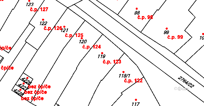 Střed 123, Rokycany na parcele st. 119 v KÚ Rokycany, Katastrální mapa