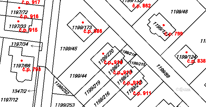 Vejprnice 914 na parcele st. 1199/220 v KÚ Vejprnice, Katastrální mapa