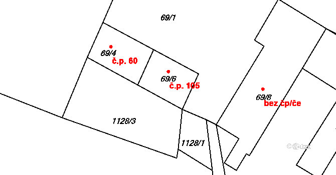 Jezdovice 105 na parcele st. 69/6 v KÚ Jezdovice, Katastrální mapa