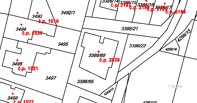 Horní Počernice 2838, Praha na parcele st. 3386/69 v KÚ Horní Počernice, Katastrální mapa
