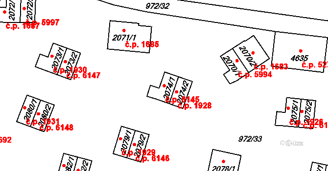 Zlín 6145 na parcele st. 2074/1 v KÚ Zlín, Katastrální mapa