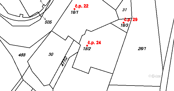 Divišov 24, Bystřice nad Pernštejnem na parcele st. 18/2 v KÚ Divišov, Katastrální mapa