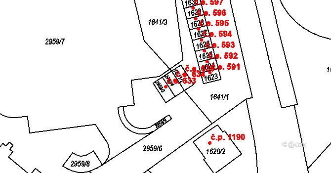 Nové Město na Moravě 633 na parcele st. 2959/3 v KÚ Nové Město na Moravě, Katastrální mapa