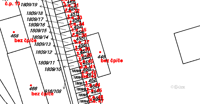 Tečovice 41187601 na parcele st. 445 v KÚ Tečovice, Katastrální mapa