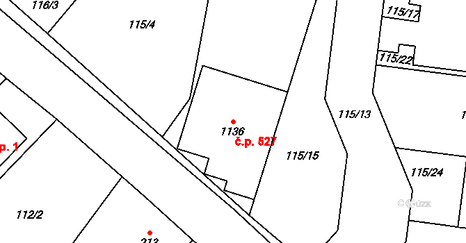 Chlumčany 527 na parcele st. 1136 v KÚ Chlumčany u Přeštic, Katastrální mapa