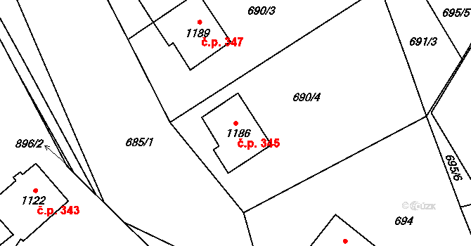 Chudeřín 345, Litvínov na parcele st. 1186 v KÚ Chudeřín u Litvínova, Katastrální mapa