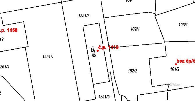 Ruzyně 1118, Praha na parcele st. 1251/9 v KÚ Ruzyně, Katastrální mapa