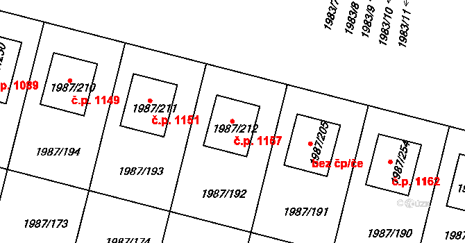 Nýřany 1157 na parcele st. 1987/212 v KÚ Nýřany, Katastrální mapa