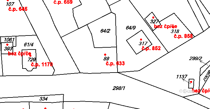 Rudná 633 na parcele st. 89 v KÚ Hořelice, Katastrální mapa