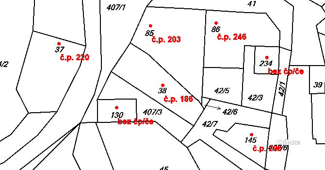 Tuchoměřice 186 na parcele st. 38 v KÚ Kněžívka, Katastrální mapa