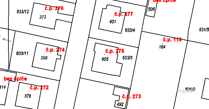 Opařany 275 na parcele st. 605 v KÚ Opařany, Katastrální mapa