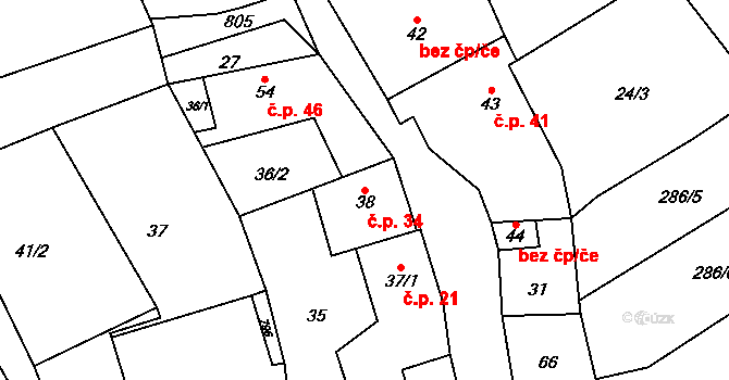 Mezholezy 34 na parcele st. 38 v KÚ Mezholezy u Černíkova, Katastrální mapa