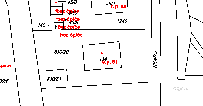 Borovy 91 na parcele st. 134 v KÚ Borovy, Katastrální mapa