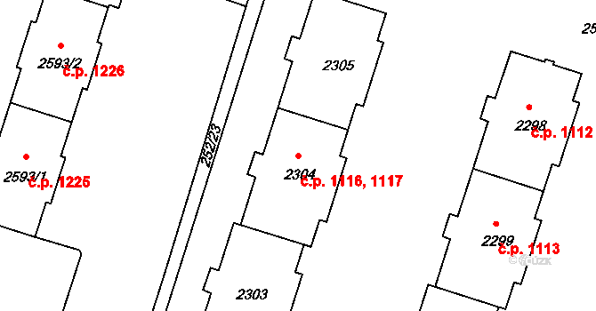 Přeštice 1116,1117 na parcele st. 2304 v KÚ Přeštice, Katastrální mapa