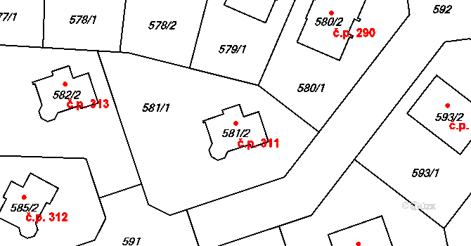 Jenišov 311 na parcele st. 581/2 v KÚ Jenišov, Katastrální mapa