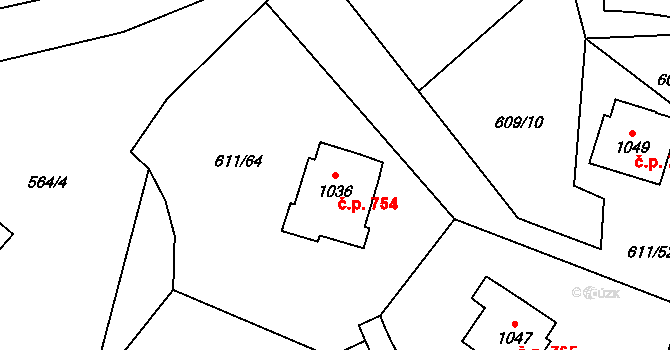 Lučany nad Nisou 754 na parcele st. 1036 v KÚ Lučany nad Nisou, Katastrální mapa