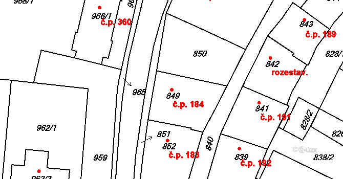 Kamenice nad Lipou 184 na parcele st. 849 v KÚ Kamenice nad Lipou, Katastrální mapa